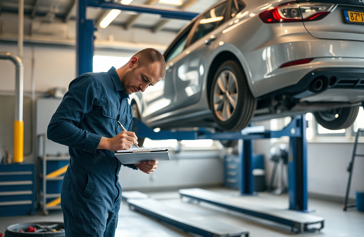 Documentary photo of a car mechanic in blue work overalls writing on a clipboard next to a lifted car on a hydraulic ramp inside a clean